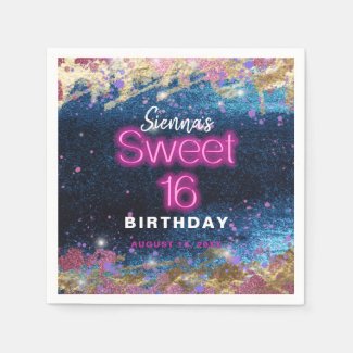 Modern Glam Blue Glitter Hot Neon Pink Sweet 16 Napkins