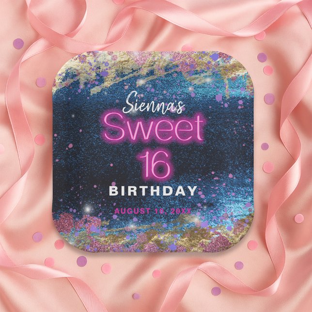 Modern Glam Blue Glitter Hot Neon Pink Sweet 16 Paper Plates (Creator Uploaded)