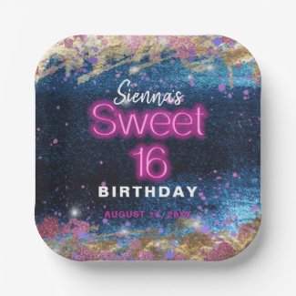 Modern Glam Blue Glitter Hot Neon Pink Sweet 16 Paper Plates
