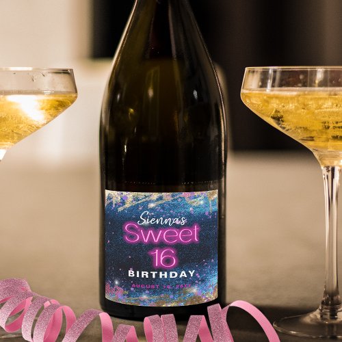 Modern Glam Blue Glitter Hot Neon Pink Sweet 16 Sparkling Wine Label