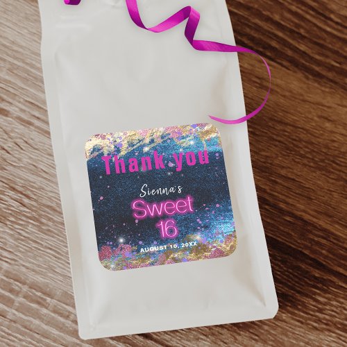 Modern Glam Blue Glitter Hot Neon Pink Sweet 16 Square Sticker