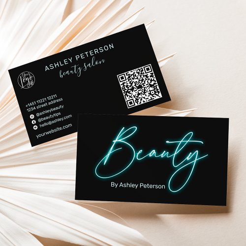 Modern glam blue neon beauty script logo qr code business card