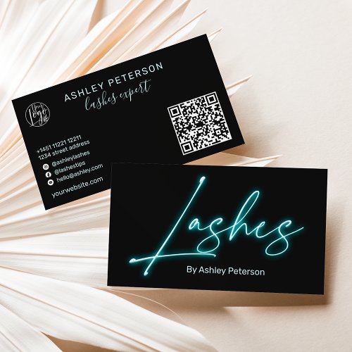 Modern glam blue neon lashes script logo qr code business card