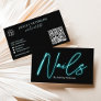 Modern glam blue neon nails script logo qr code business card