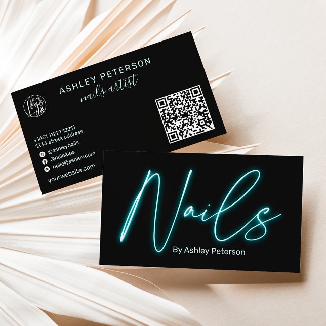 Modern glam blue neon nails script logo qr code business card (Creator Uploaded)