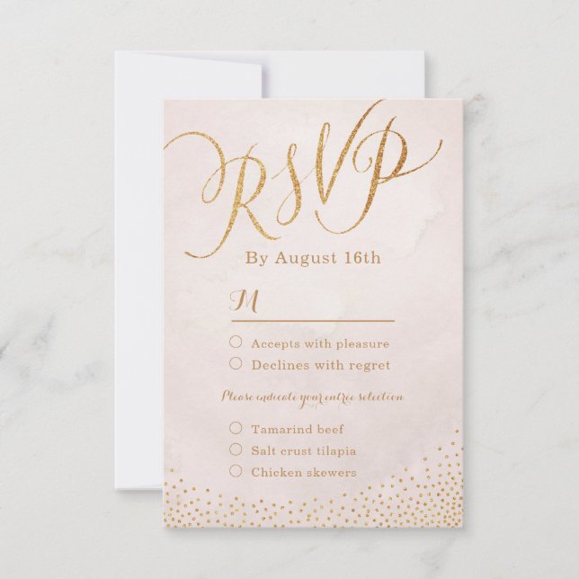Modern glam blush rose gold calligraphy RSVP Card (Front)