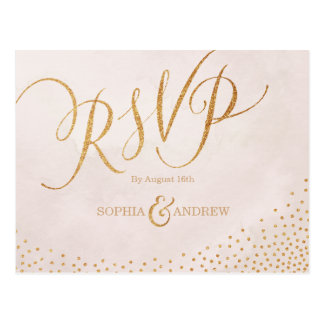 Modern glam blush rose gold calligraphy RSVP Postcard