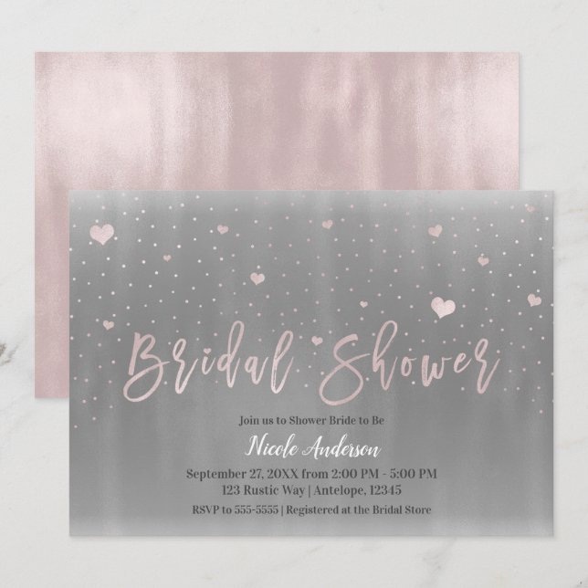 Modern Glam Bridal Shower Silver Grey Pink Hearts Invitation (Front/Back)