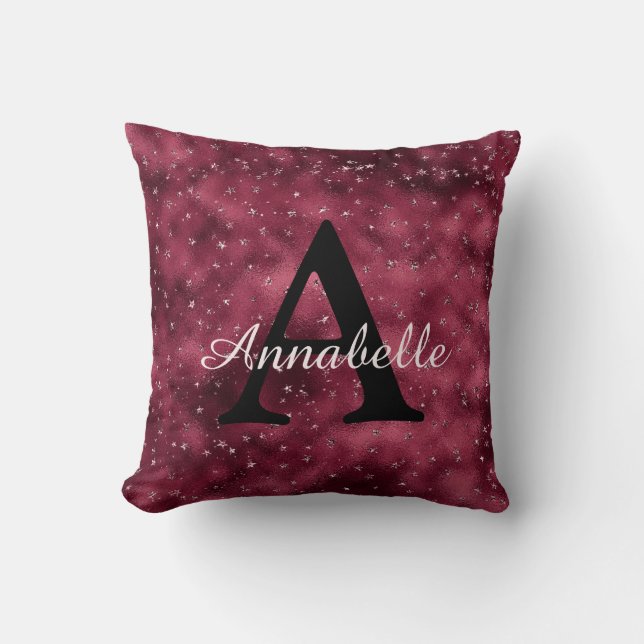 Modern Glam Burgundy Silver Sparkle Stars Monogram Throw Pillow (Front)