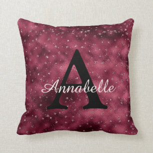 Modern Glam Burgundy Silver Sparkle Stars Monogram Throw Pillow