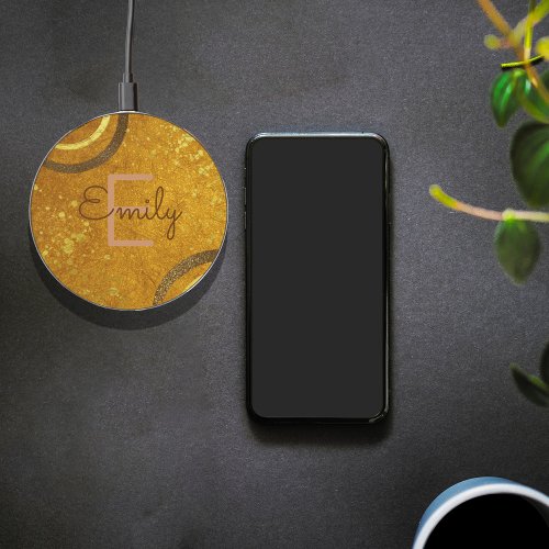 Modern Glam Chic Fancy Brown Faux Gold Glitter Wireless Charger