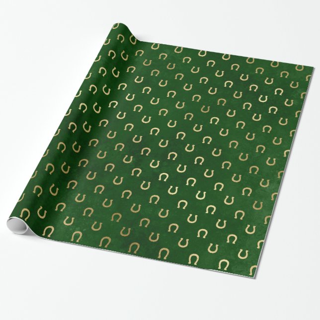 Modern Glam Elegant Green Gold Lucky Horseshoe Wrapping Paper (Unrolled)