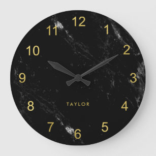 Modern Glam Faux Gold Look and Black Marble Large Clock