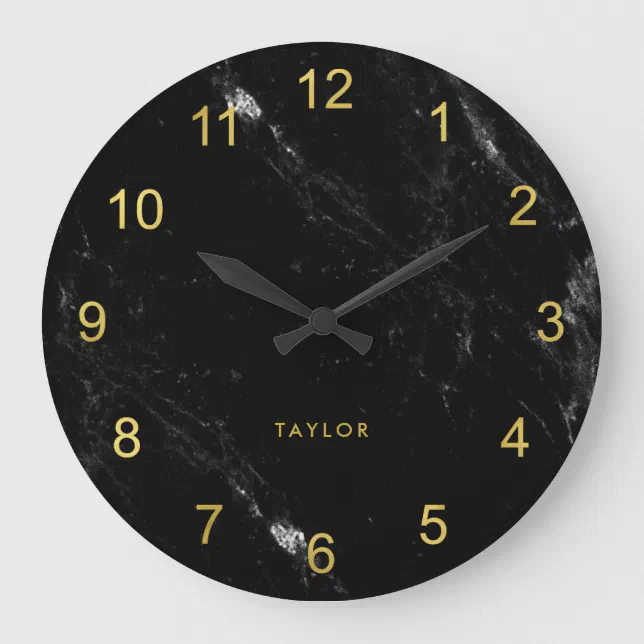 Modern Glam Faux Gold Look and Black Marble Large Clock | Zazzle