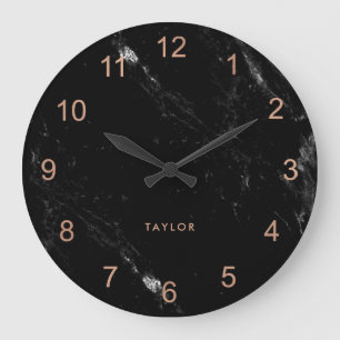 Modern Glam Faux Rose Gold Look and Black Marble Large Clock