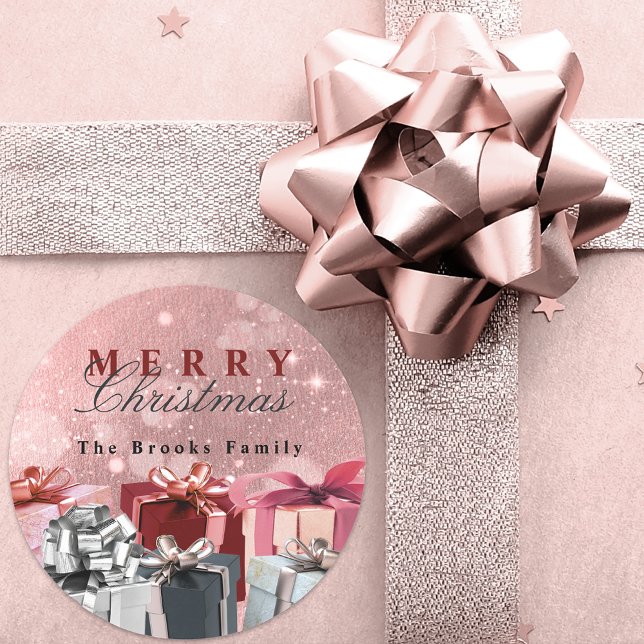Modern Glam Glitter Dusty Rose Christmas Presents Classic Round Sticker (Creator Uploaded)