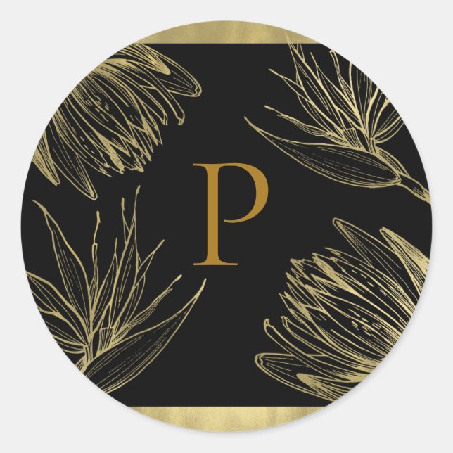 Modern Glam Gold & Black Tropical Botanical Floral Classic Round Sticker (Front)