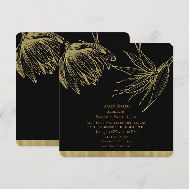 Modern Glam Gold & Black Tropical Botanical Floral Invitation (Front/Back)