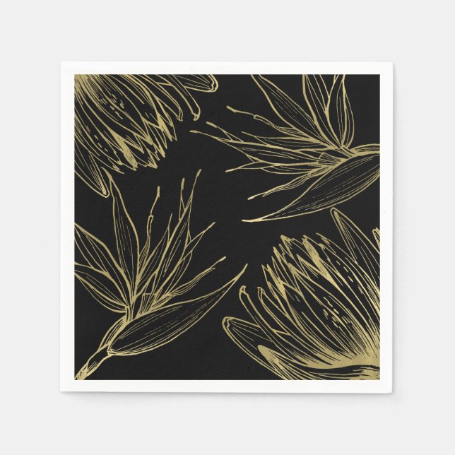 Modern Glam Gold & Black Tropical Botanical Floral Napkins (Front)