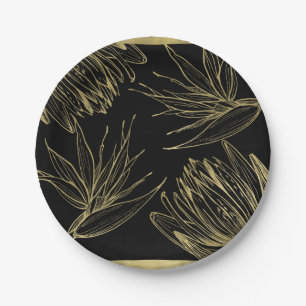 Modern Glam Gold & Black Tropical Botanical Floral Paper Plates