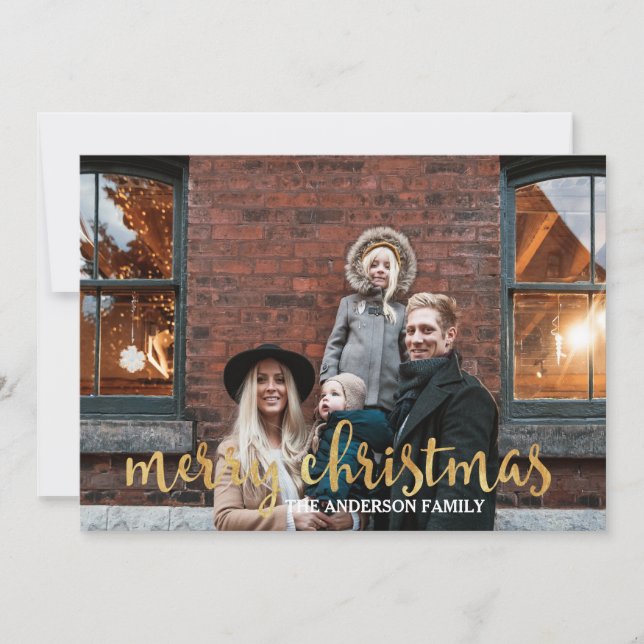 Modern Glam Gold Confetti Family Photo Christmas Holiday Card (Front)