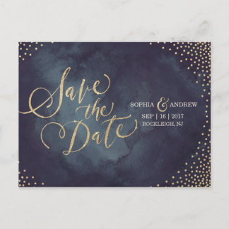 Modern glam gold glitter calligraphy save the date announcement postcard