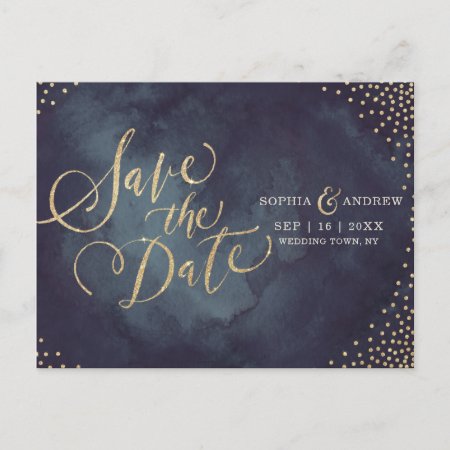 Modern Glam Gold Glitter Calligraphy Save The Date Announcement Postca
