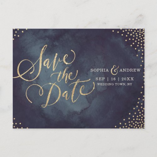 Modern glam gold glitter calligraphy save the date announcement postcard