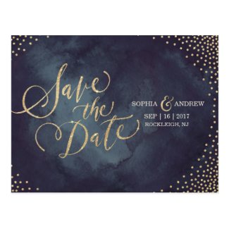 Modern glam gold glitter calligraphy save the date postcard