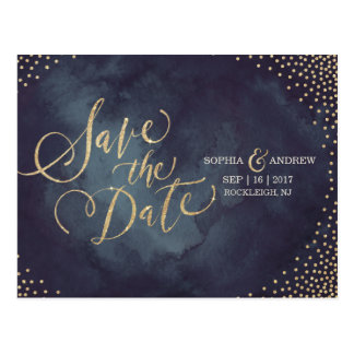 Modern glam gold glitter calligraphy save the date postcard