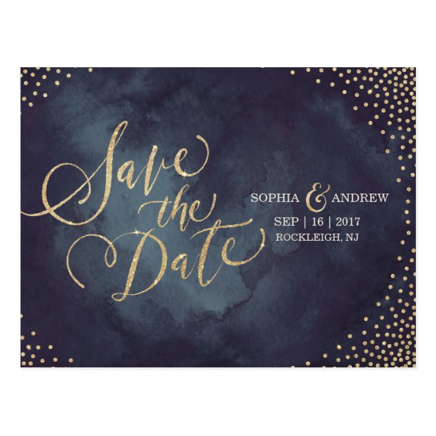 Modern Glam Gold Glitter Calligraphy Save The Date Postcard