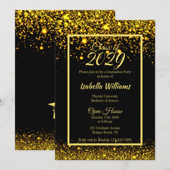 Modern Glam Gold Glitter Graduation Party Invitation (Front/Back)