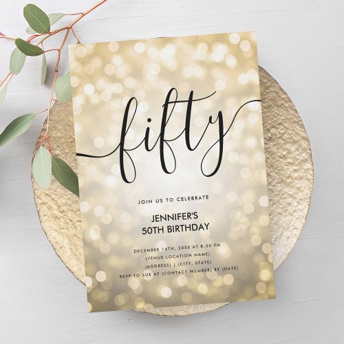 Modern Glam Gold Glitter Lights 50th Birthday  Invitation