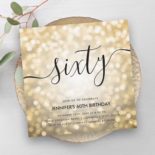 Modern Glam Gold Glitter Lights 60th Birthday  Invitation (Modern Glam Gold Glitter Lights 60th Birthday Invitation)