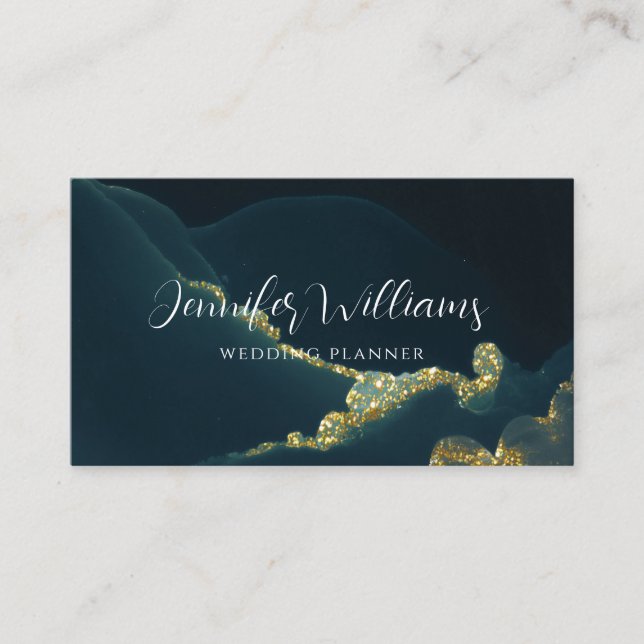 Modern Glam Gold Glitter Wedding Planner Green Business Card (Front)
