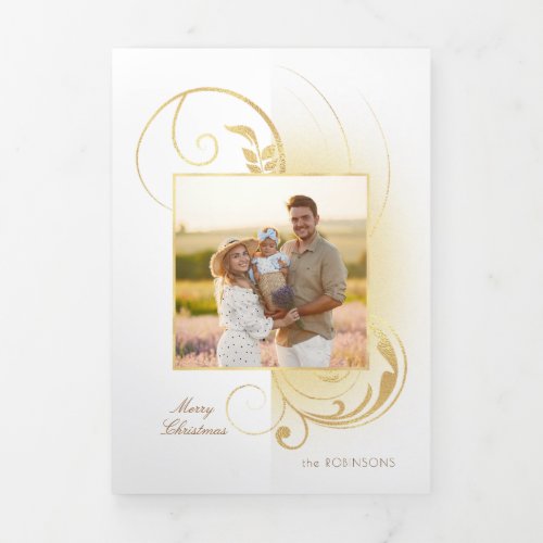 Modern Glam Gold Leafy FlourishesPhoto Tri_Fold Card