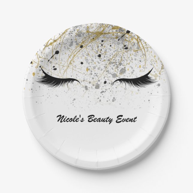 Modern Glam Gold Silver Black Eyelashes Beauty Paper Plates (Front)