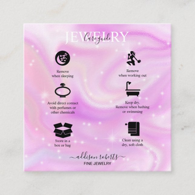 Modern Glam Iridescent Sparkle  Jewelry Care   Squ Square Business Card (Front)