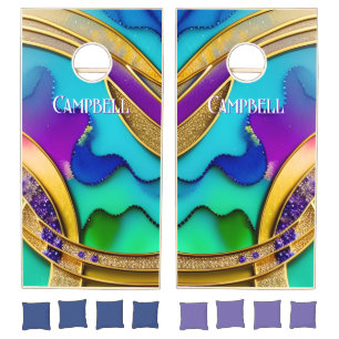 Modern Glam Jewel Abstract & Gold Monogram Cornhole Set