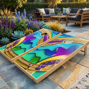 Modern Glam Jewel Abstract & Gold Monogram Cornhole Set