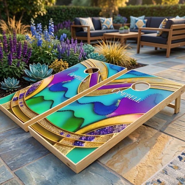 Modern Glam Jewel Abstract & Gold Monogram Cornhole Set (Creator Uploaded)