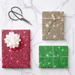 Modern Glam Lux Gold Red Green Sparkling Glitter Wrapping Paper Sheets
