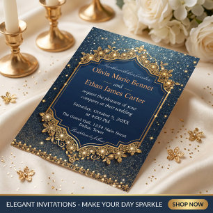 modern glam luxury blue Glitter gold chic wedding Invitation