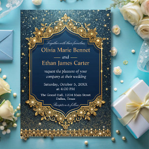modern glam luxury blue Glitter gold chic wedding  Invitation
