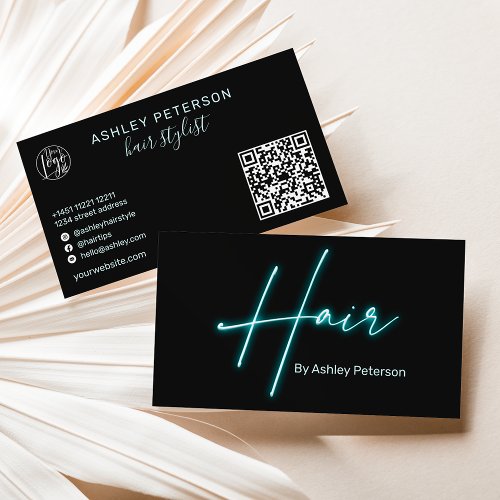 Modern glam neon hair script logo qr code  business card