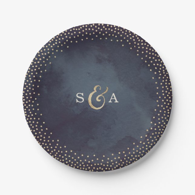 Modern glam night faux gold glitter monogram paper plates (Front)