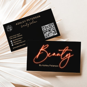 Modern glam orange neon beauty script logo qr code business card