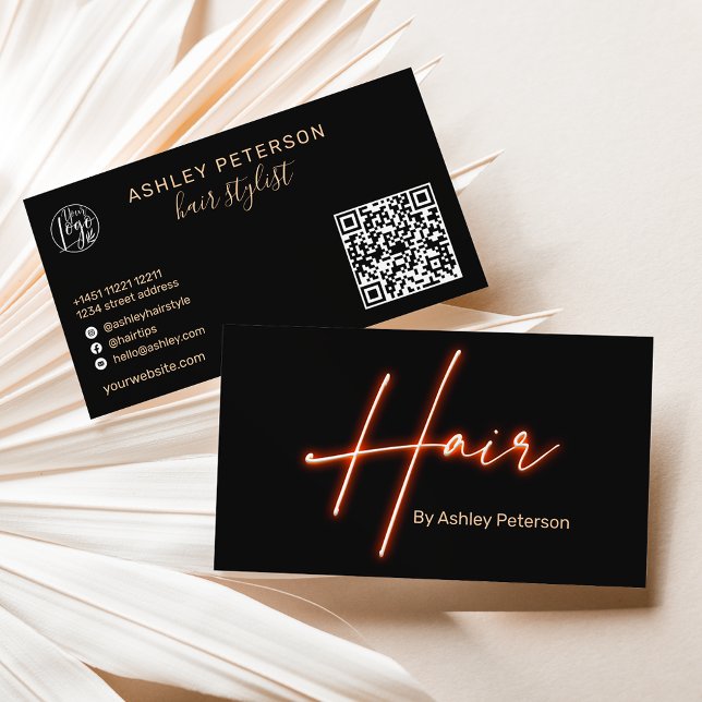 Modern glam orange neon hair script logo qr code  business card (Creator Uploaded)