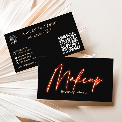 Modern glam orange neon makeup script logo qr code business card