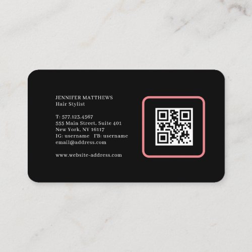 Modern glam pink neon hair script logo qr code  business card